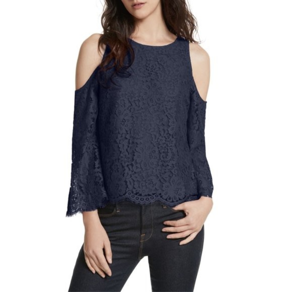 Joie Abay navy cold shoulder bell sleeve blouse size small floral lace